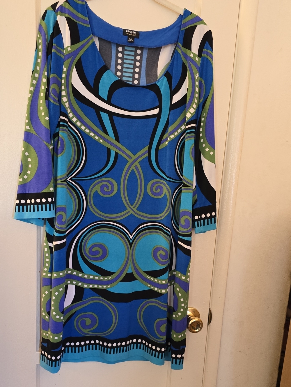 Nicole by Nicole Miller Blue, Teal & Green Geometric Scoop-Neck Dress